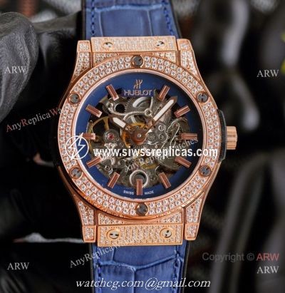 Copy Hublot Classic Fusion Hollow Rose Gold Iced Out Watches