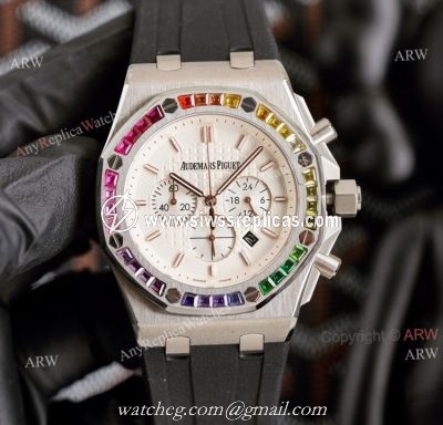 Copy Audemars Piguet Royal Oak Rose Gold 42mm Rainbow Bezel Watch White Dial
