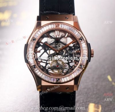 42mm Hublot Rose Gold Classic Fusion Skeleton Tourbillon Diamond Watch Replica
