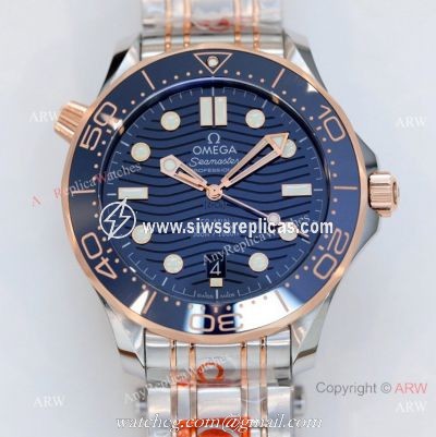 2021 Latest Swiss Replica Omega Seamaster Diver 300M OR 8800 Watch Two Tone Rose Gold Blue Dial