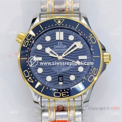 2021 Latest Swiss Omega Seamaster Diver 300M OR Factory 8800 Watch Two Tone Blue Ceramic Bezel