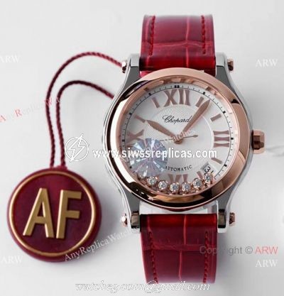 AF Factory 1:1 Replica Chopard Happy Sport 36mm Watch Rose Gold Bezel Red Leather Strap