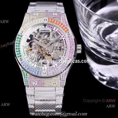 Replica Silver Hublot Skeleton Rainbow Watch 45mm for men
