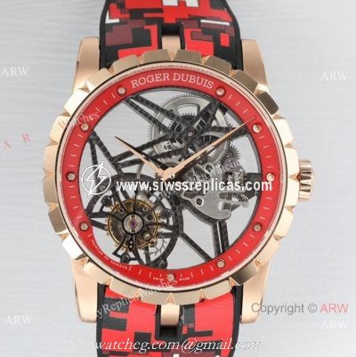2021 New! BBR Factory 1:1 Copy Roger Dubuis Excalibur Skeleton Flying Tourbillon Watch Rose Gold Skeleton Dial