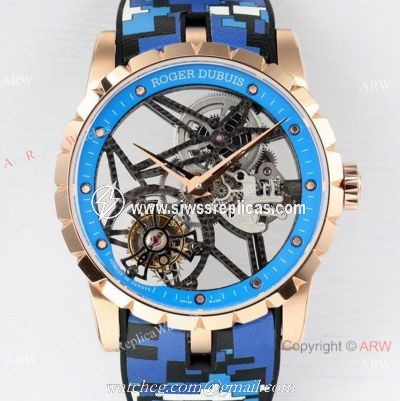 2021 New! BBR Factory Roger Dubuis Excalibur Skeleton Flying Tourbillon Watch Rose Gold Blue Rubber Strap