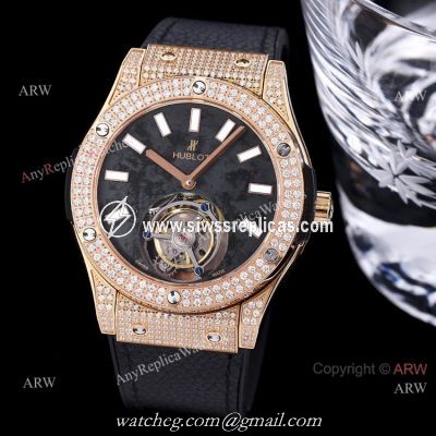 Best Replica Hublot Full Diamond Watch Rose Gold Black Dial Black Leather Strap