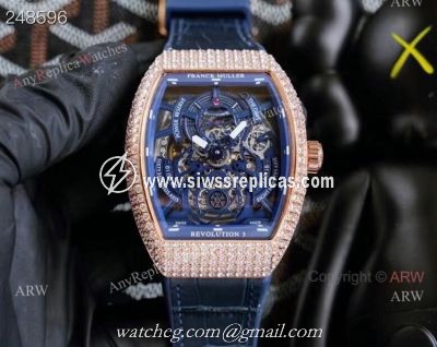 Replica Rose Gold Franck Muller V45 Revolution 3 Skeleton Watch With Diamonds for men