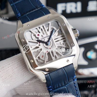 (TW ) Best Skeleton Santos De Cartier Stainless Steel Copy Watch With Blue Leather Band