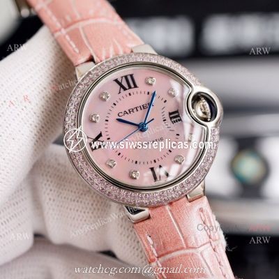 New Cartier Ballon Bleu 33mm With Diamonds Bezel Pink MOP Dial Pink Leather Strap Copy Watch