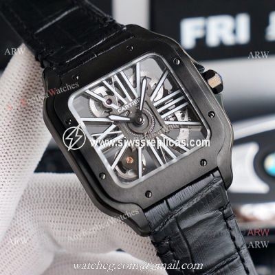 (TW ) Skeleton Santos De Cartier In All Black Leather Strap Watch High End Replica For Men