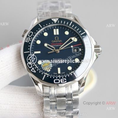 JH Factory Omega Seamaster James Bond Seagull 2824 Watch Replica Dark Blue Dial 42mm