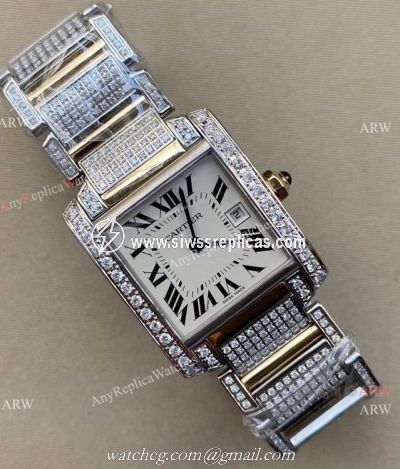 Iced Out Cartier Tank Francaise Stainless Steel Watch Large Size
