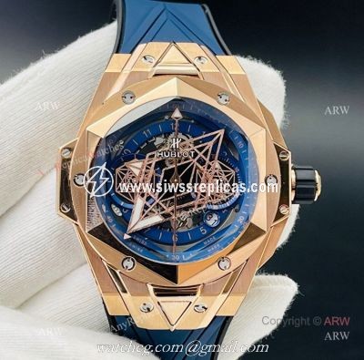 Replica Hublot Big Bang Watch Hublot Sang Bleu 45mm Rose Gold Blue Rubber Straps