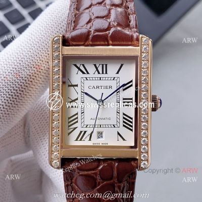 High Quality Replica Rose Gold Cartier Tank Automatic Watch With Diamond Bezel