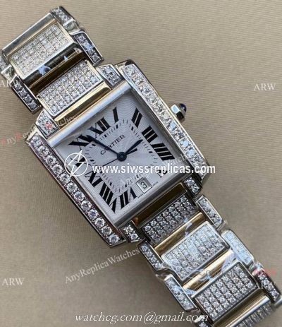 Iced Out Cartier Tank Francaise Replica Watch Stainless Steel Men