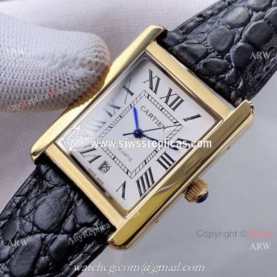 Yellow Gold Cartier Tank Automatic Copy Watch In Black Leather Strap White Dial