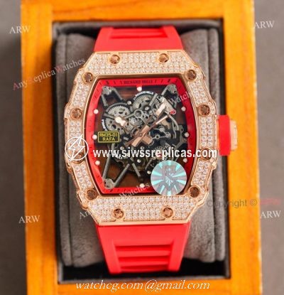 (RM Factory) Knockoff Diamond Richard Mille RM35 01 Rose Gold Watch Red Rubber Band