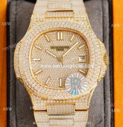 Swiss Grade Copy Patek Philippe Nautilus 9015 Ultra thin Watch 40 Diamond Dial All Gold