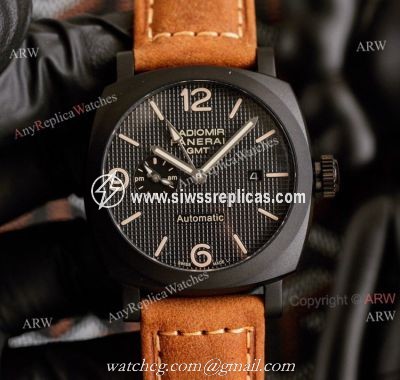 All Black Panerai Radiomir GMT Automatic Watch 45mm Brown Leather Strap High Copy