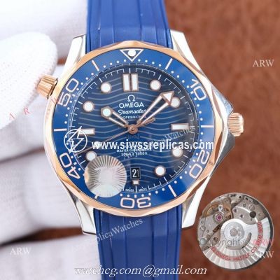 Swiss Quality Copy Omega Seamaster 300m Citizen Watch Two Tone Rose Gold Blue Rubber Strap