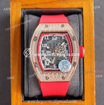 (RM Factory) Knockoff Richard Mille Rm010 Rose Gold Skeleton Watch Red Rubber Strap