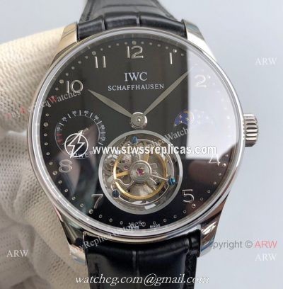 Super Clone Swiss IWC Portugieser Moon phase Tourbillon Edition Watch Stainless Steel Black Dial 42mm