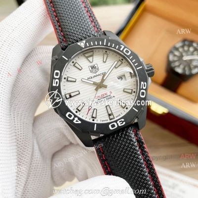Tag Heuer Aquaracer Calibre 5 White Face 44 Replica Watch Black Steel Black Leather Strap
