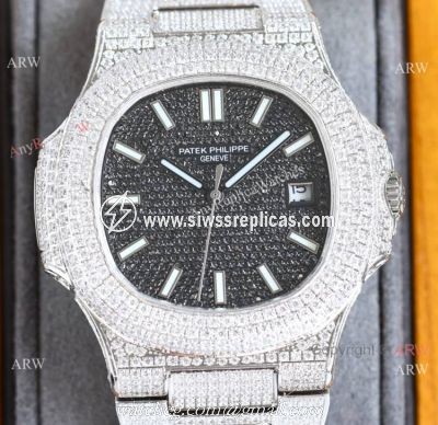 Swiss Grade One Patek Philippe Iced Out Nautilus 9015 Watch BlackSilver Diamond