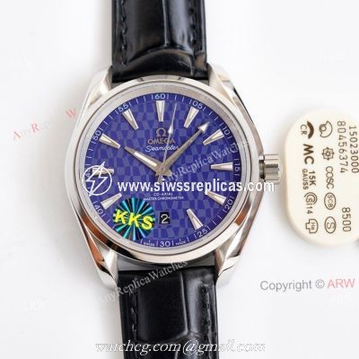 Swiss Grade Omega Aqua Terra 150 Blue Dial Black Leather Strap Copy Watch 41