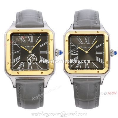Buy The Best Cartier Santos Dumont Couple Watches Grey Dial Grey Leather Strap Replica
