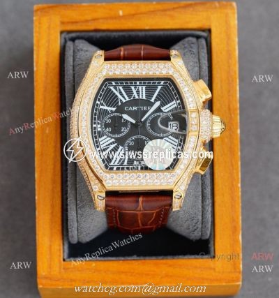 Iced Out Cartier Roadster Chronograph Watches Yellow Gold Case