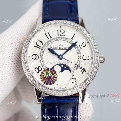 Best Copy White Face Jaeger Lecoultre Rendez-Vous Ladies Watch With Diamonds Blue Leather Strap