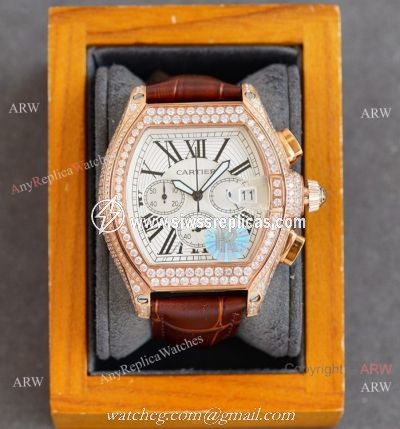 Iced Out Cartier Roadster Replica Watch Rosse Gold White Chronograph Dial