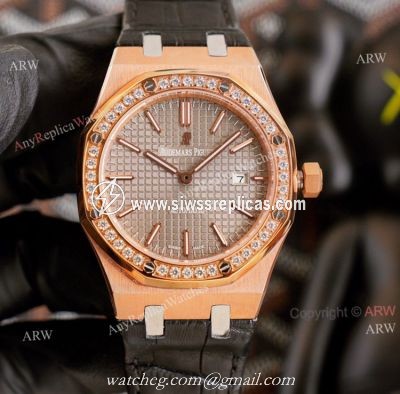 High End Replica Audemars Piguet Royal Oak Rose Gold Grey Dial Automatic Watch With Diamonds Black Leather Strap