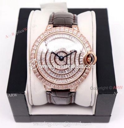 Replica Cartier Ballon Bleu 42mm Leather Strap Rose Gold Watch With Diamonds