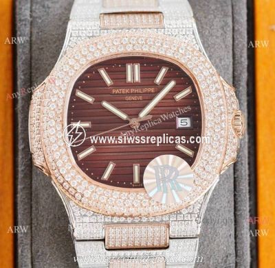 Swiss Replica Iced Out Patek Philippe Nautilus 9015 Ultra-thin Watch 2-Tone Rose Gold Chocolate Dial 40mm