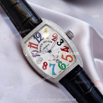 Swiss Quality Best Copy Franck Muller Cintr?e Curvex Diamond Watch White Face Black Leather Strap