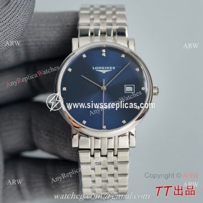 AAA Copy Longines Elegant Sunray Blue Diamond Dial Stainless Steel 8215 Movement