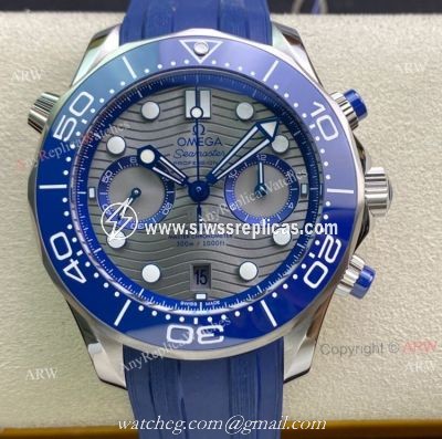 New OM Factory Omega Seamaster Diver 300m Grey Dial Blue Rubber Strap Replica Watch For Men