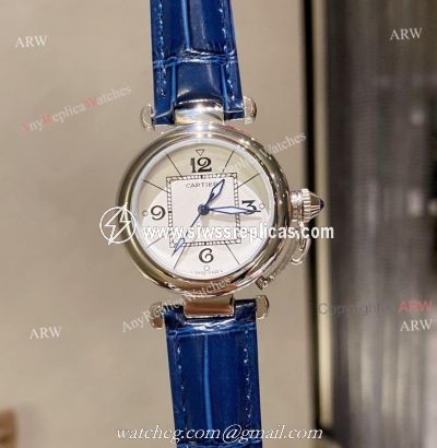 New Pasha De Cartier Watch 35mm white face blue leather strap replica