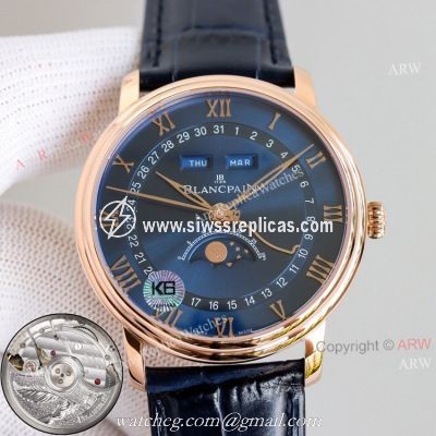 V2 New Upgraded Replica Blancpain Moon Phase Rose Gold Watch Blue Dial Blue Leather Strap