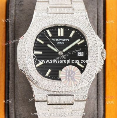 Swiss Grade Patek Philippe Nautilus Iced Out Siver Watch 9015 Ultra-thin Movement