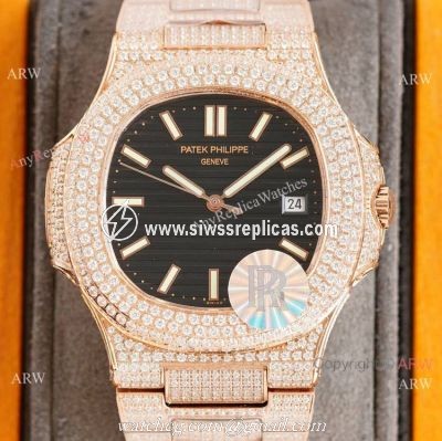 Swiss AAA Replica Patek Philippe Nautilus 9015 Ultra-thin Watch Rose Gold Iced Out Black Dial 40mm