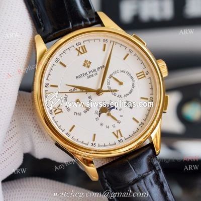 Swiss Replica Patek Philippe Moonphase Gold Grand Complications 9100 Automatic Watch White Face