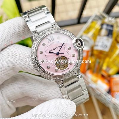 Replica Ladies Cartier Ballon Bleu 36mm With Diamonds Tourbillon Watch Pink Face