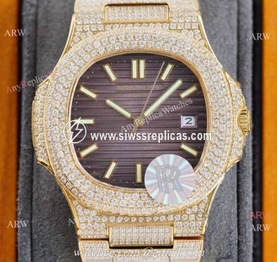 Swiss AAA Replica Patek Philippe Nautilus Iced Out Yellow Gold Watch 40mm 9015 Ultra-thin Movement