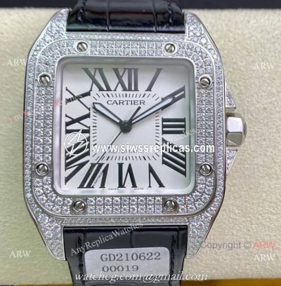 Swiss Quality Iced Out Cartier Santos De Watch Sapphire Crystal