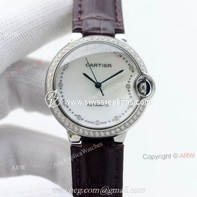 Swiss Quality 36mm Cartier Ballon Bleu Ladies Replica Watch With Diamond Bezel Brown Leather Strap