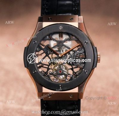 Rose Gold Hublot Classic Fusion Skeleton Tourbillon Black Bezel Watch Best Replica