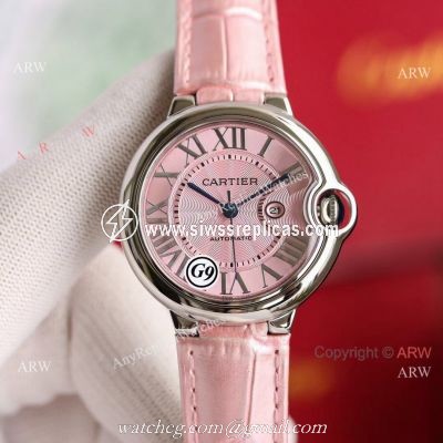 Copy Balloon Blue Cartier Wave Pink Dial V6 Watch with Pink Leather Strap